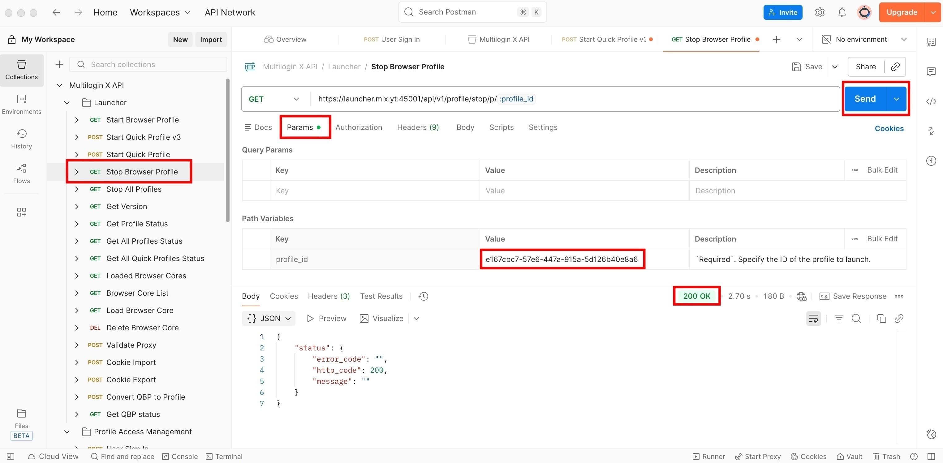 How to stop a Multilogin profile with Postman reference visual 1